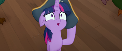 Size: 1920x804 | Tagged: safe, derpibooru import, screencap, twilight sparkle, twilight sparkle (alicorn), alicorn, pony, my little pony: the movie, coward, hat, nervous, pirate hat, scared, shocked, solo, time to be awesome, tricorne, twywimp sparkle