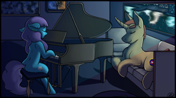 Size: 4434x2460 | Tagged: safe, artist:roy, derpibooru import, oc, oc:abakan, oc:roxy impelheart, earth pony, pony, unicorn, cutie mark, ear piercing, male, mane, night, painting, paintings, piano, piercing, shadow, singing, sitting, sofa, tail, trans girl, transgender