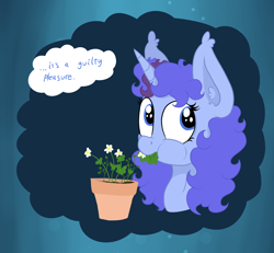 Size: 3150x2916 | Tagged: safe, artist:paskanaakka, derpibooru exclusive, derpibooru import, oc, oc only, oc:midnight dew, unicorn, abstract background, bust, dialogue, eating, female, flower, flower pot, herbivore, horses doing horse things, mare, portrait, solo