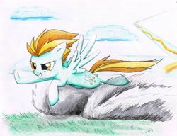 Size: 3229x2479 | Tagged: safe, artist:awengrocks, derpibooru import, lightning dust, pegasus, pony, female, flying, mare, solo, speed trail