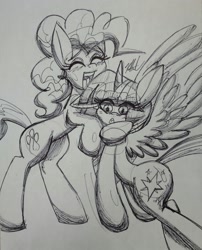 Size: 2273x2816 | Tagged: safe, artist:katkathasahathat, derpibooru import, pinkie pie, twilight sparkle, twilight sparkle (alicorn), alicorn, earth pony, pony, high res, hug, monochrome, traditional art