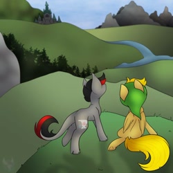 Size: 894x894 | Tagged: safe, artist:melonzy, derpibooru import, oc, oc only, oc:cinder smith, oc:winds (old version), pegasus, pony, unicorn, duo, friends, mountain, river, scenery, sitting, standing