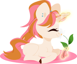 Size: 3768x3144 | Tagged: safe, artist:belka-sempai, derpibooru import, oc, oc only, oc:belka, pony, unicorn, eyes closed, female, filly, flower, glowing horn, hooves, horn, levitation, lineless, lying down, magic, mare, missing cutie mark, pigtails, profile, prone, simple background, smiling, solo, telekinesis, transparent background