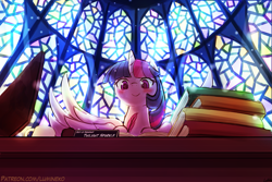 Size: 1125x750 | Tagged: safe, artist:lumineko, derpibooru import, twilight sparkle, twilight sparkle (alicorn), alicorn, pony, blushing, book, deity, desk, female, like a boss, mare, misspelling, quill, smiling, solo, spread wings, stained glass, wings, writing