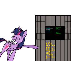 Size: 560x482 | Tagged: safe, artist:j1mmy c4ge, derpibooru import, twilight sparkle, twilight sparkle (alicorn), alicorn, pony, robot, cutie mark, female, interstellar, presenting, proud, smug, tars, wings