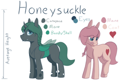 Size: 1850x1200 | Tagged: safe, artist:heftyhorsehostler, derpibooru import, oc, oc only, oc:honeysuckle, changeling, a changeling's guide to large horse care, braid, changeling oc, colored pupils, disguise, disguised changeling, reference sheet, short