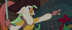 Size: 1920x804 | Tagged: safe, derpibooru import, screencap, captain celaeno, lix spittle, mullet (character), anthro, parrot, my little pony: the movie, airship, feather, hat, parrot hat, parrot pirates, pirate, pirate hat, pirate ship, pointing, saber, sword, weapon