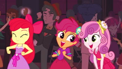 Size: 1539x866 | Tagged: safe, derpibooru import, screencap, apple bloom, curly winds, mystery mint, rose heart, scootaloo, scott green, scribble dee, some blue guy, sweet leaf, sweetie belle, teddy t. touchdown, equestria girls, equestria girls (movie), adorabloom, apple bloom's bow, bow, canterlot high, cute, cutealoo, cutie mark crusaders, dancing, diasweetes, fall formal, fall formal outfits, hair bow, this is our big night