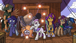 Size: 4800x2700 | Tagged: safe, artist:latecustomer, derpibooru import, oc, oc only, bat pony, monster pony, original species, pegasus, spiderpony, unicorn, zebra, airship, barrel, bat pony oc, clothes, colored hooves, commission, crossover, dungeons and dragons, fireworks, looking at you, raised hoof, unshorn fetlocks, zebra oc