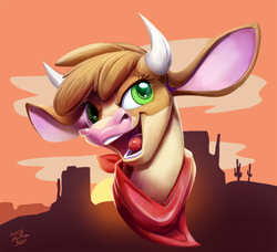 Size: 900x822 | Tagged: safe, artist:tsitra360, derpibooru import, arizona cow, cow, them's fightin' herds, bust, cloud, community related, female, open mouth, signature, sky, solo, sun, sunset