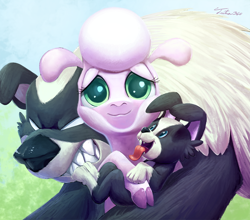 Size: 900x791 | Tagged: safe, artist:tsitra360, derpibooru import, pom lamb, dog, sheep, them's fightin' herds, cloven hooves, community related, female, fluffy, looking at you, puppy, smiling