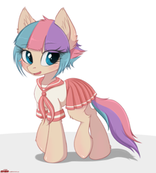 Size: 1597x1764 | Tagged: safe, artist:orang111, derpibooru import, oc, oc only, oc:sugar muffin, earth pony, pony, blushing, clothes, cute, female, ocbetes, pleated skirt, school uniform, simple background, skirt, solo, walking, white background