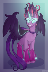 Size: 1119x1666 | Tagged: safe, artist:mich-art, derpibooru import, midnight sparkle, sci-twi, twilight sparkle, alicorn, pony, equestria girls, friendship games, abstract background, choker, equestria girls ponified, evil grin, female, glowing eyes, glowing horn, grin, jewelry, mare, ponified, regalia, smiling, solo