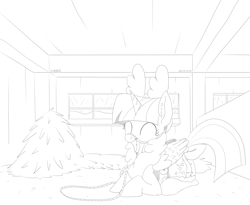 Size: 1650x1350 | Tagged: safe, artist:countryroads, derpibooru import, twilight sparkle, twilight sparkle (alicorn), alicorn, deer, reindeer, barn, bells, bow, bridle, happy, monochrome, reins, sitting, solo, tack, tail bow, winter