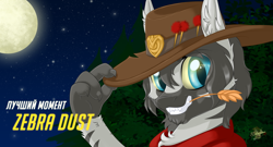 Size: 1486x800 | Tagged: safe, artist:unisoleil, derpibooru import, oc, oc:zebra dust, zebra, clothes, cosplay, costume, crossover, cyrillic, hat, jesse mccree, night, overwatch, russian, solo, zebra oc