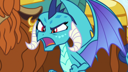 Size: 1280x720 | Tagged: safe, derpibooru import, screencap, prince rutherford, princess ember, dragon, yak, school daze, angry, clenched fist, dragoness, ear piercing, ember is not amused, female, furious, horns, i'll show you unpredictable, insulted, open mouth, solo focus, spread wings, talking