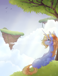 Size: 1270x1671 | Tagged: safe, artist:skimea, derpibooru import, oc, oc:art's desire, pony, unicorn, female, floating island, mare, solo, tree