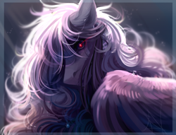 Size: 1604x1228 | Tagged: safe, artist:mich-art, derpibooru import, oc, oc only, pegasus, pony, abstract background, crepuscular rays, ear fluff, glowing eyes, hair over one eye, looking at you, red eyes, solo