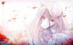 Size: 500x312 | Tagged: safe, artist:mich-art, derpibooru import, oc, oc only, pegasus, pony, ear fluff, floral head wreath, flower, light, looking at you, solo