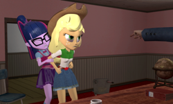 Size: 5120x3072 | Tagged: safe, artist:n3onh100, derpibooru import, applejack, sci-twi, twilight sparkle, equestria girls, 3d, angry, belt, bowtie, chair, clothes, cowboy hat, denim skirt, freckles, glasses, gmod, hat, school, skirt, stetson