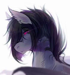 Size: 1126x1204 | Tagged: safe, artist:mich-art, derpibooru import, oc, oc only, pony, ear fluff, glowing eyes, profile, purple eyes, simple background, solo, white background, wings