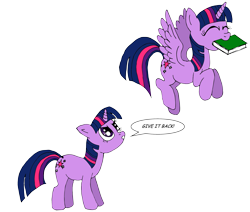 Size: 2677x2269 | Tagged: safe, artist:sparklesk, derpibooru import, twilight sparkle, twilight sparkle (alicorn), alicorn, book, bookhorse, duality, flying, happy, simple background, time paradox, transparent background, twolight