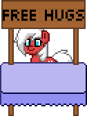 Size: 126x168 | Tagged: safe, derpibooru import, oc, oc:velvet love, pony, booth, free hugs, pony town, sign, simple background, table, table cloth, transparent background, white hair