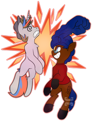 Size: 1024x1339 | Tagged: safe, artist:isaacs-collar, derpibooru import, oc, oc only, oc:keychi, oc:ryley, earth pony, pony, unicorn, clothes, fight, glasses, knockout, prehensile mane, simple background, sweater, transparent background