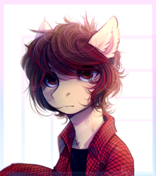 Size: 1507x1701 | Tagged: safe, artist:mich-art, derpibooru import, oc, oc only, semi-anthro, abstract background, clothes, ear fluff, female, mare, plaid shirt, shirt, solo, undershirt