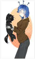 Size: 1024x1701 | Tagged: safe, artist:chloeprice228, derpibooru import, oc, oc only, human, pony, confused, cute, duo, holding a pony, prosthetic limb, prosthetics, simple background, sleeping, transparent background, zzz