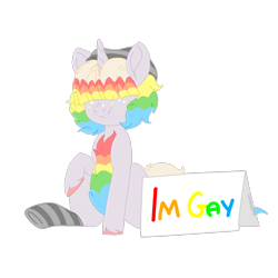 Size: 1000x1000 | Tagged: safe, artist:sleepysuika, derpibooru import, oc, oc only, pony, unicorn, clothes, cute, gay pride, i'm gay, male, pride, sign, simple background, sitting, socks, solo, striped socks, transparent background