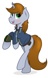 Size: 2500x4000 | Tagged: safe, artist:mrlolcats17, derpibooru import, oc, oc:littlepip, pony, unicorn, fallout equestria, blushing, clothes, cutie mark, fanfic, fanfic art, female, happy, high res, hooves, horn, mare, open mouth, pipbuck, simple background, solo, teeth, transparent background, vault suit, vector