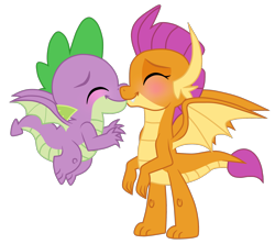 Size: 2370x2100 | Tagged: safe, artist:smallbluetiger, derpibooru import, smolder, spike, dragon, molt down, blushing, duo, eyes closed, female, kissing, male, shipping, simple background, spolder, straight, transparent background, winged spike