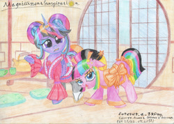 Size: 3485x2481 | Tagged: safe, artist:magnifsunspiration, derpibooru import, oc, oc only, oc:altstar miyake, oc:orchidea berries-miyake, earth pony, pony, unicorn, bow, clothes, female, high res, kimono (clothing), mare, teapot, traditional art