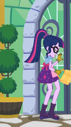 Size: 1242x2208 | Tagged: safe, derpibooru import, screencap, sci-twi, twilight sparkle, better together, equestria girls, my little shop of horrors, apron, boots, celestia's house, clothes, glasses, gloves, lidded eyes, ponytail, raised leg, shoes, solo, watering can