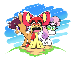 Size: 2793x2373 | Tagged: safe, artist:sourspot, derpibooru import, apple bloom, scootaloo, sweetie belle, pony, abstract background, bow, cutie mark crusaders, female, filly, grin, hair bow, happy, looking at you, open mouth, outdoors, smiling, trio, wide smile