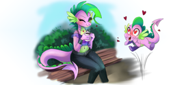 Size: 3464x1732 | Tagged: safe, artist:wilvarin-liadon, derpibooru import, barb, spike, anthro, dragon, belly button, blushing, clothes, dragoness, female, heart eyes, looking at you, midriff, one eye closed, rule 63, self ponidox, selfcest, shipping, shirt, smiling, spikebarb, tanktop, wingding eyes, wink