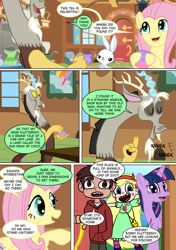 Size: 600x850 | Tagged: safe, artist:imbriaart, derpibooru import, angel bunny, discord, fluttershy, twilight sparkle, twilight sparkle (alicorn), alicorn, draconequus, human, pegasus, pony, rabbit, comic:magic princess war, clothes, comic, crossover, marco diaz, star butterfly, star vs the forces of evil