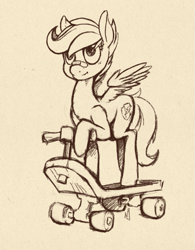 Size: 601x770 | Tagged: safe, artist:skrapbox, derpibooru import, scootaloo, pegasus, pony, bandaid, female, filly, monochrome, scooter, sketch, solo, traditional art