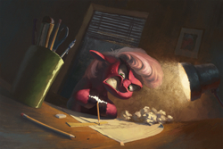 Size: 2000x1333 | Tagged: safe, artist:bra1neater, artist:v747, derpibooru import, cheerilee, earth pony, pony, collaboration, angry, car, drawing, earth pony problems, female, floppy ears, glare, gritted teeth, hoof hold, horse problems, lamp, mare, night, paper, pen, pencil, ruler, scissors, scotch tape, solo, table, window