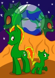 Size: 750x1064 | Tagged: safe, derpibooru import, oc, oc:nova, oc:starburst, colt, earth, male, raised hoof, space, stallion, stars, zoom layer