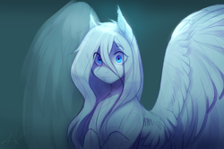 Size: 2814x1864 | Tagged: safe, artist:mich-art, derpibooru import, oc, oc only, pegasus, pony, abstract background, blue eyes, ear fluff, female, large wings, mare, solo, spread wings, white hair, wide eyes, wings