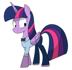 Size: 1205x1181 | Tagged: safe, alternate version, artist:moonatik, derpibooru import, twilight sparkle, twilight sparkle (alicorn), alicorn, bowtie, clothes, jeans, nerd, pants, shirt, simple background, smiling, solo, transparent background