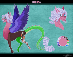 Size: 1440x1125 | Tagged: safe, artist:bijutsuyoukai, derpibooru import, oc, oc:silk pie, draconequus, female, interspecies offspring, offspring, parent:discord, parent:pinkie pie, parents:discopie, reference sheet, solo