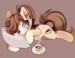 Size: 690x536 | Tagged: safe, artist:lemonheart, derpibooru import, oc, oc only, earth pony, pony, coffee, cream art, female, heart, looking at you, lying down, mare, one eye closed, pillow, simple background, solo