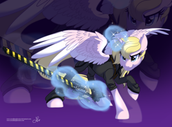 Size: 800x590 | Tagged: safe, artist:arcadianphoenix, derpibooru import, part of a set, oc, oc:sunshine, alicorn, pony, alicorn oc, commission, fangs, female, levitation, magic, magus, mare, solo, telekinesis, weapon, zoom layer