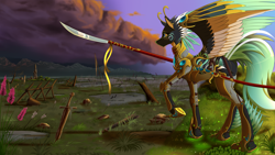 Size: 2000x1125 | Tagged: safe, artist:twotail813, derpibooru import, oc, oc only, oc:alpine apotheon, pegasus, pony, armor, battlefield, cloud, evening, feathered mane, female, rcf community, ruins, solo, spear, swamp, sword, weapon, wings