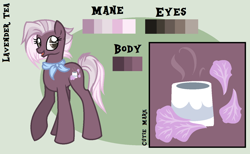 Size: 1280x787 | Tagged: safe, artist:ipandacakes, derpibooru import, oc, oc:lavender tea, earth pony, pony, female, mare, offspring, parent:burnt oak, parent:jasmine leaf, parents:burntleaf, reference sheet, solo