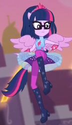 Size: 273x474 | Tagged: safe, derpibooru import, screencap, sci-twi, twilight sparkle, better together, equestria girls, forgotten friendship, cropped, female, flying, glasses, looking down, ponied up, solo