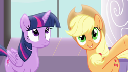 Size: 1280x720 | Tagged: safe, derpibooru import, screencap, applejack, twilight sparkle, twilight sparkle (alicorn), alicorn, earth pony, pony, princess twilight sparkle (episode), hat, looking up, window